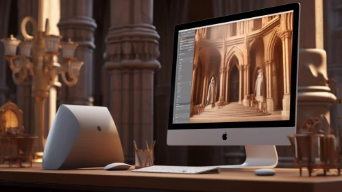 Realistic Computer Desk Render with iMac Displaying Cathedral Image