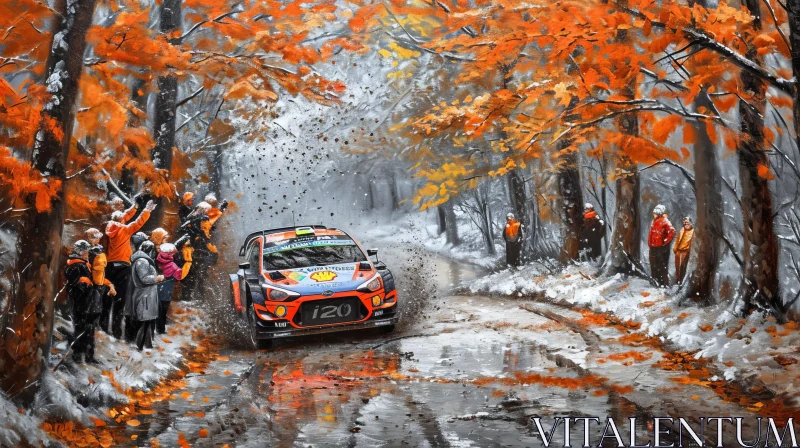 Speeding Rally Car in Colorful Forest - Action-Packed Image AI Image