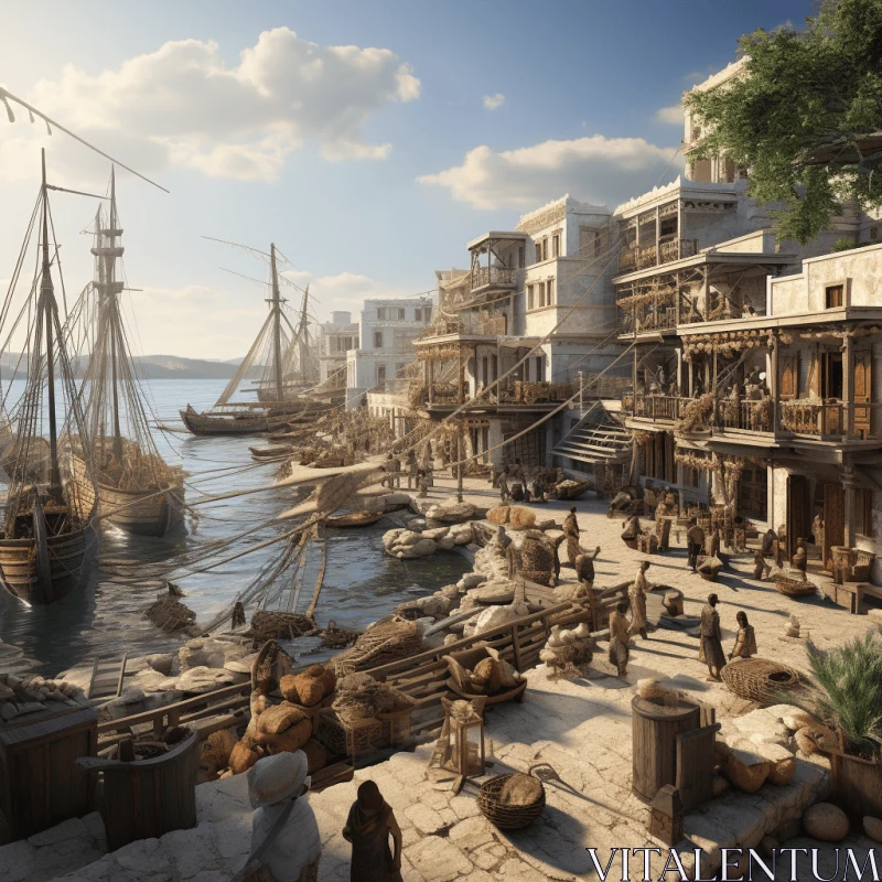 Ancient City with Ships in Dock | 18th Century Realistic Artwork AI Image