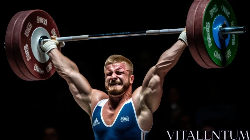 Intense Male Weightlifter Lifting Barbell in Blue Singlet AI Image