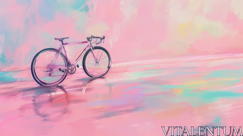 Pink Bicycle Painting in Serene Landscape AI Image