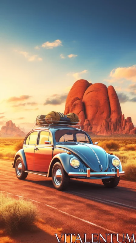 Vintage Car in Desert Landscape AI Image