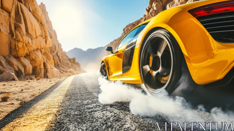 AI ART Yellow Sports Car Speeding Through Mountainous Landscape