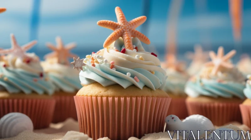 Close-Up Cupcake with Starfish, Blue and White Frosting, Pink Sprinkles AI Image