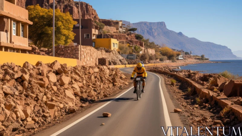 Coastal Road Cycling Adventure | Yellow Jersey Cyclist AI Image