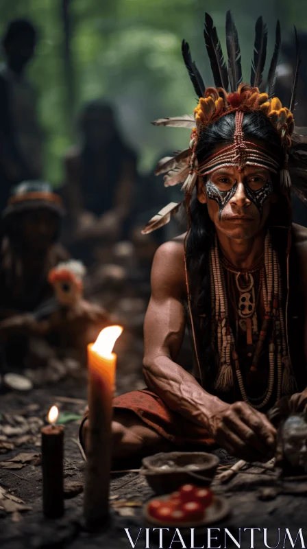 Native Man in Forest Holding a Candle - Powerful Portraits AI Image