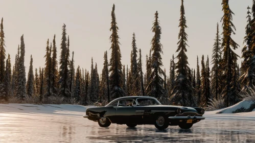 Vintage Classic Car Driving in Snowy Forest