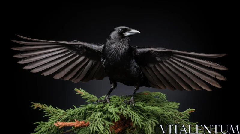 Black Crow on Coniferous Tree Branch AI Image