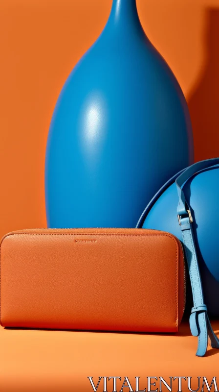 Brown Leather Wallet and Blue Handbag on Orange Surface AI Image
