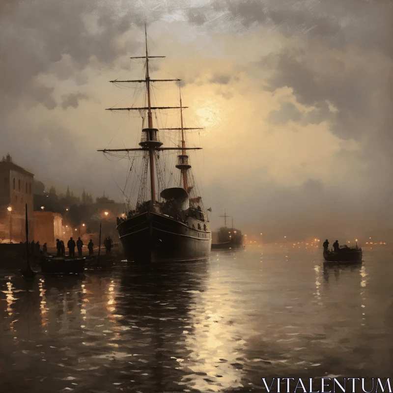 Captivating Painting of a Sailing Ship at Night | Atmospheric Cityscapes AI Image