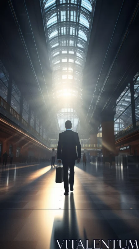 Man in Business Suit Walking in Bright Hall AI Image