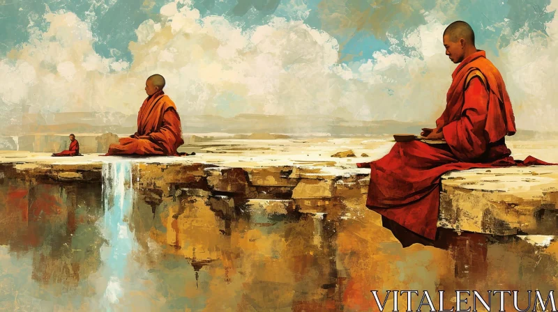 Tranquil Painting of Buddhist Monks Meditating on Cliff AI Image