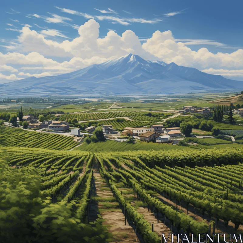 Captivating Mountains Near Vineyard: A Hyper-Realistic Rendering AI Image