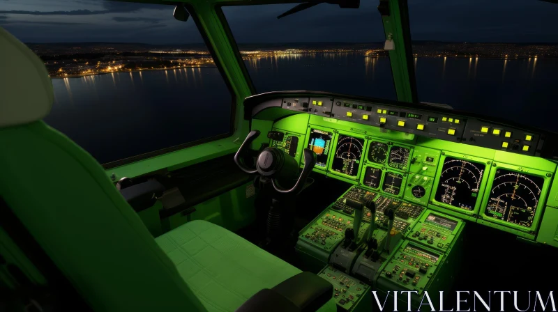 Night Aircraft Cockpit Green Lights Runway Scene AI Image