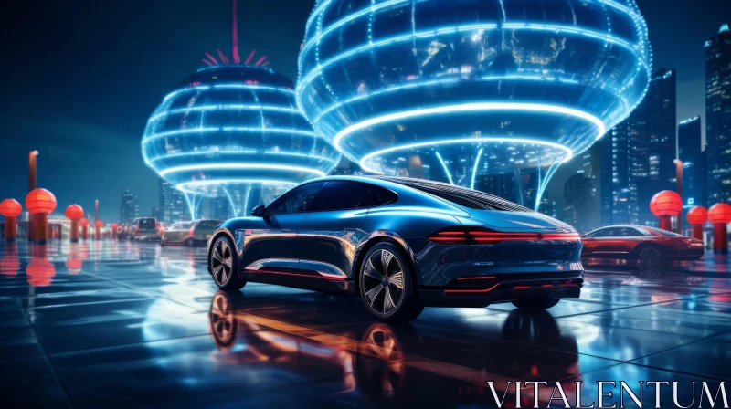 Sleek Blue Electric Car in Futuristic City AI Image