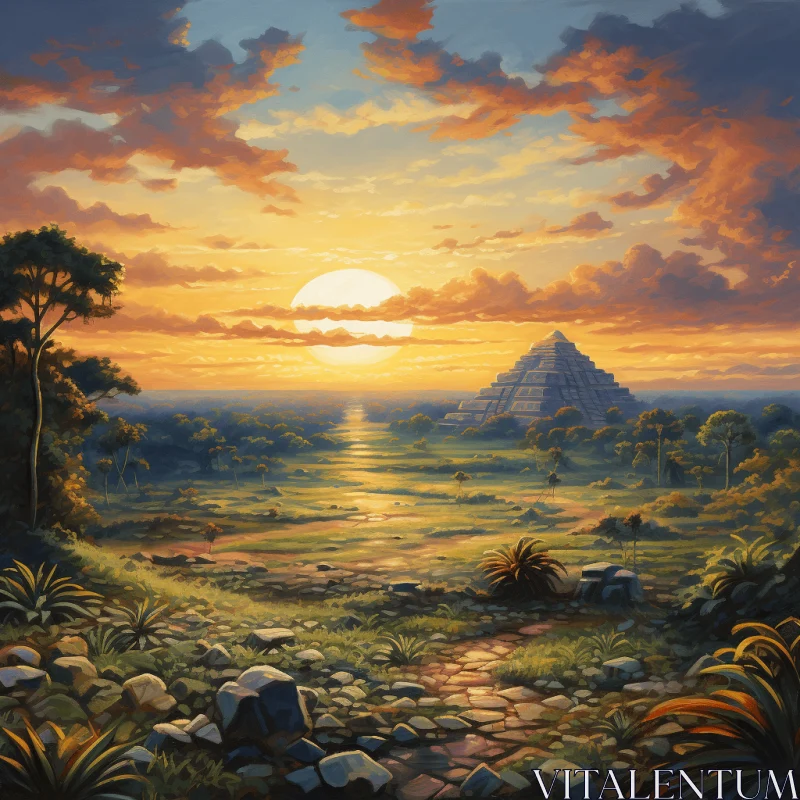 Sunset Landscape with Pyramid - Breathtaking Artwork AI Image