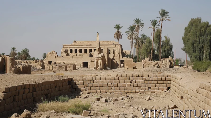Ancient Egyptian Temple Ruins with Palm Trees AI Image