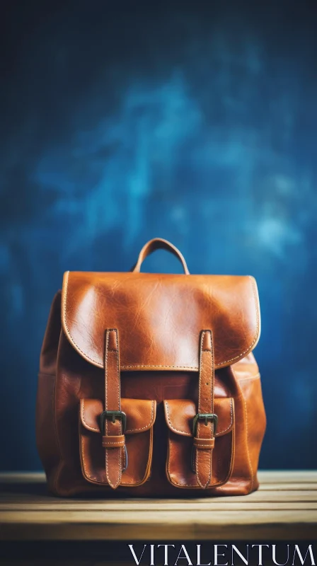 Brown Leather Backpack on Wooden Table AI Image