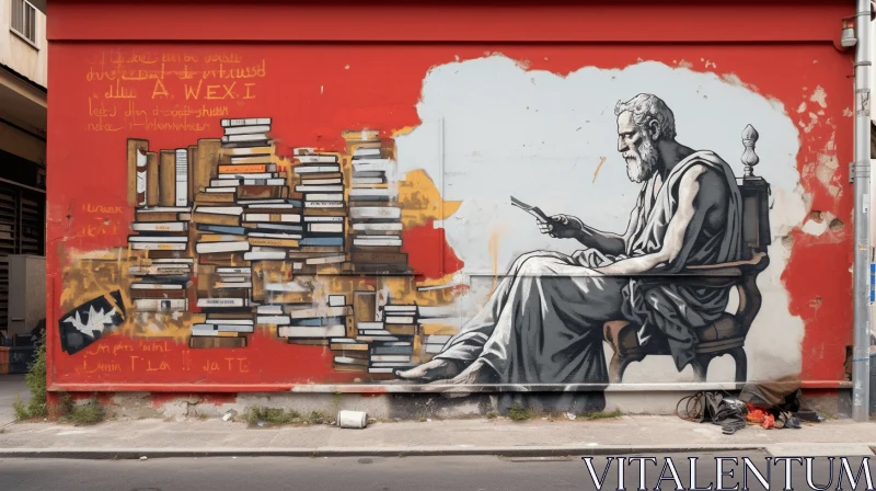 Captivating Street Mural: Man Reading Books on a Red Wall AI Image