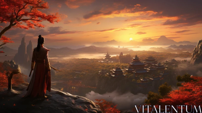 Chinese-style City Sunset in Mountain Valley AI Image