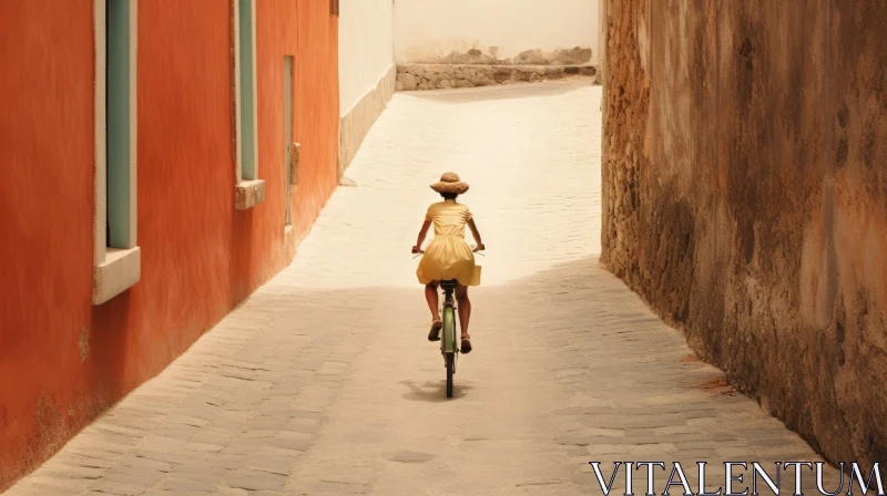 Colorful Street Scene: Woman on Bicycle AI Image