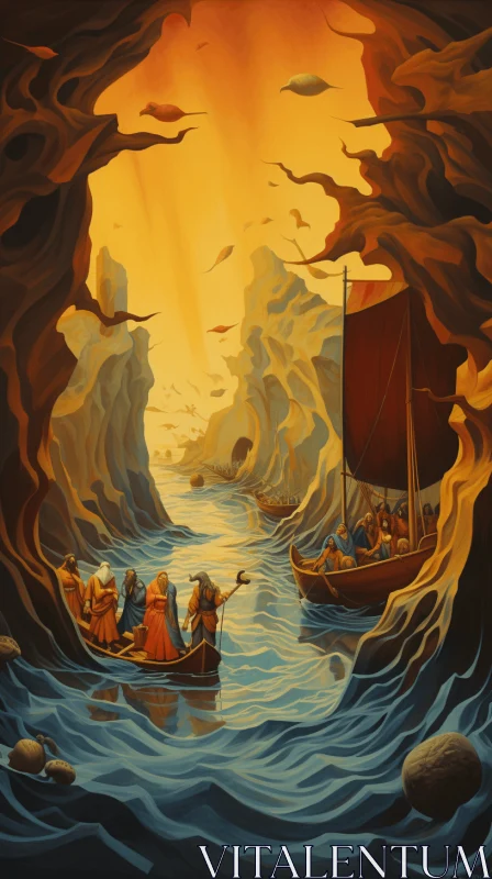 Enchanting Painting of People in Boats on the Ocean | Dragoncore Style AI Image