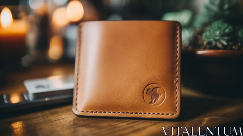 Exquisite Brown Leather Wallet on Wooden Table AI Image