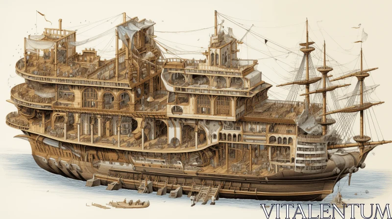 Intricate Wooden Ship Illustration with Hyper-Realistic Animal Depictions AI Image
