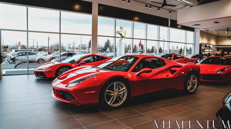 Luxurious Red Ferrari Cars at Elegant Showroom AI Image