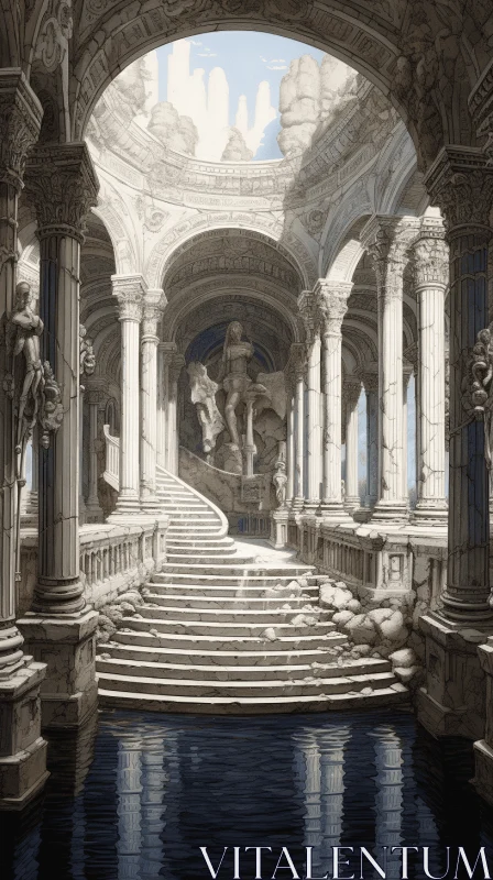 Majestic Marble Staircase Illustration | Renaissance Chiaroscuro Art AI Image