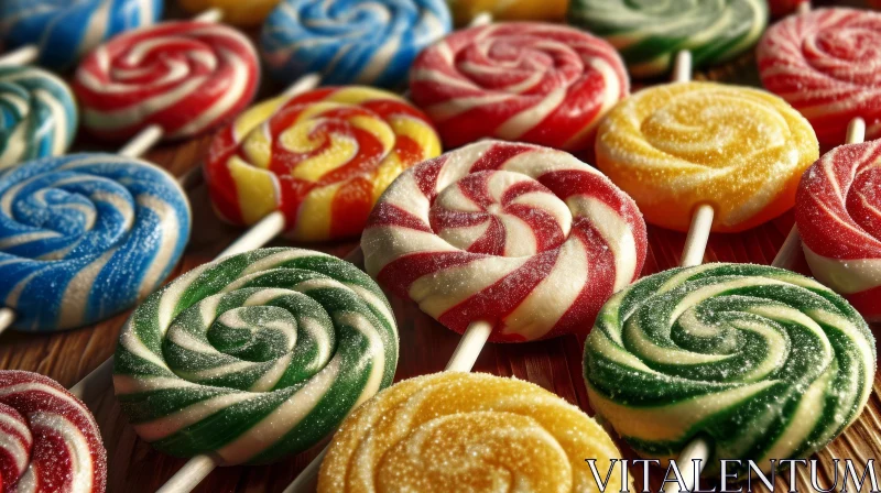 Colorful Lollipops on Wooden Table | Playful Close-up Image AI Image