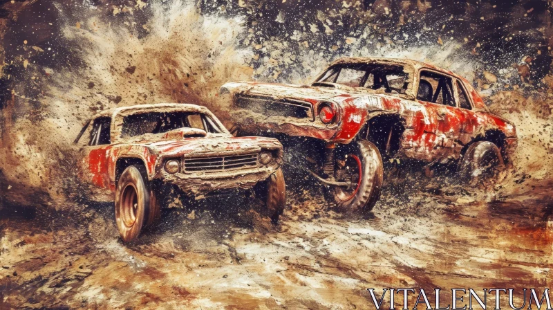 Red Cars Mud Race Competition - Action Packed Scene AI Image