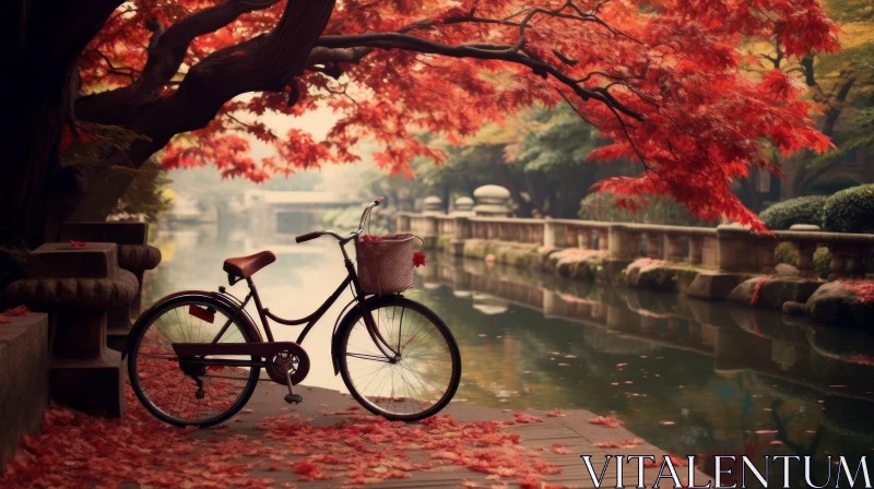 Tranquil Autumn Park Scene with Bicycle by River AI Image