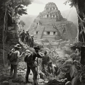 Ancient World: Old Drawing of Hikers near a Large Temple