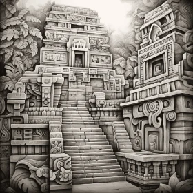 Captivating Drawing of an Ancient Aztec Temple with Stairs