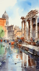 Watercolor Painting of Humans in Ancient Rome - Lively Street Scenes
