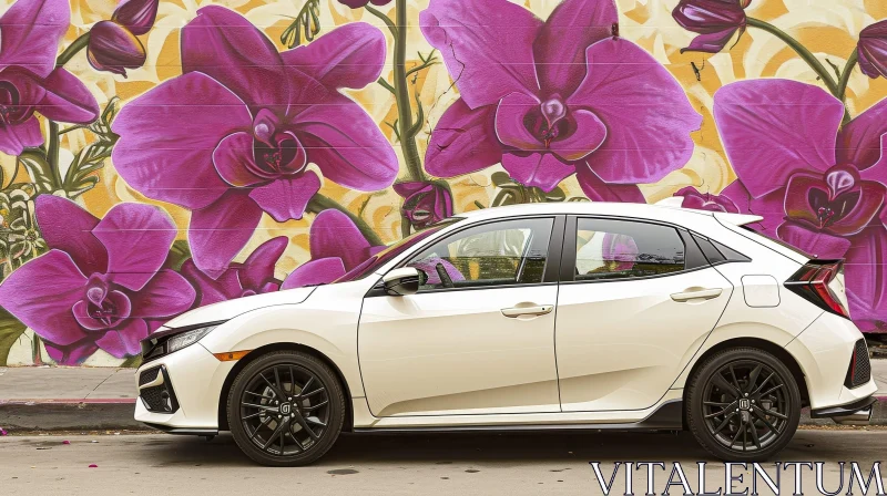 White Honda Civic Parked in Front of Colorful Flower Mural AI Image