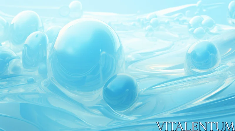 Blue Glossy Spheres on Liquid Surface | Abstract 3D Rendering AI Image