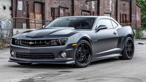 Classic Gray Chevrolet Camaro in Front of Brick Building