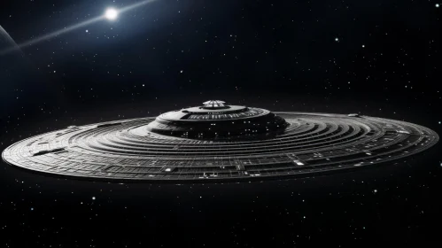 Dark Gray Flying Saucer Spaceship in Starry Background