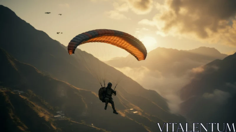 Paraglider Flying Over Majestic Mountain Range at Sunset AI Image
