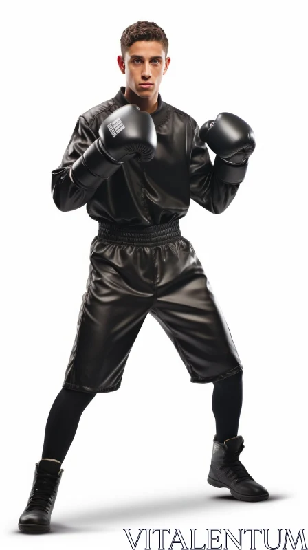 AI ART Power and Determination: Young Male Boxer in Black Leather Boxing Suit and Gloves
