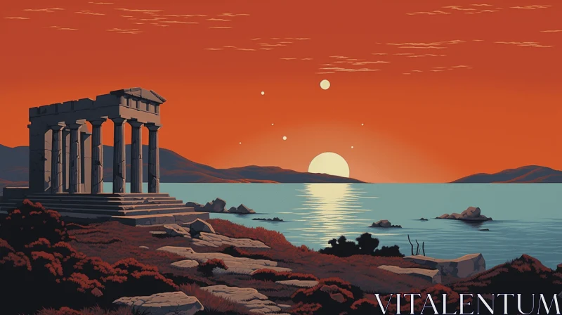 Ruins of Olympus at Sunset: Vintage Poster Design with Serene Seascapes AI Image