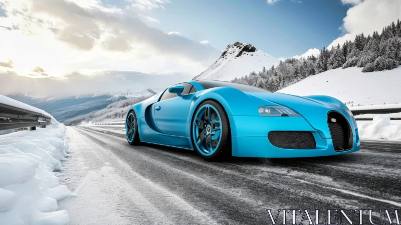 Blue Sports Car Driving on Snowy Mountain Road AI Image