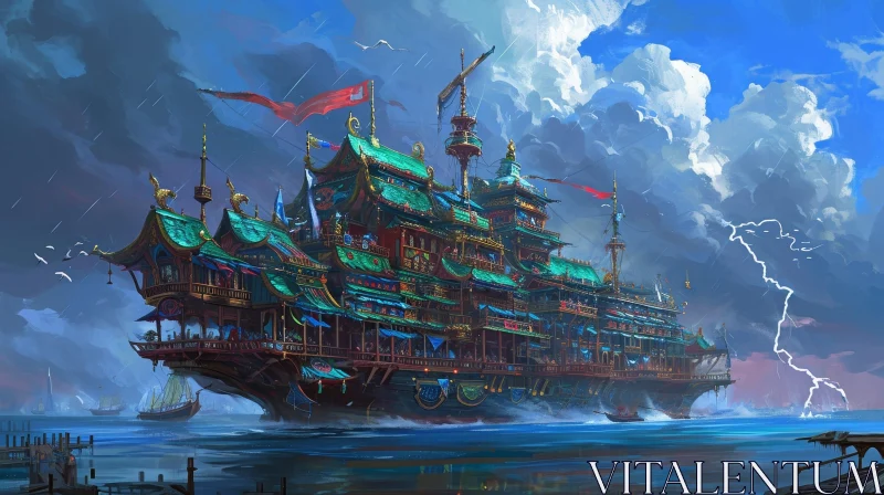 Chinese Junk Ship in Stormy Sea - Digital Art AI Image