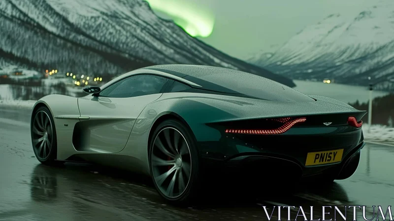 Futuristic Silver and Green Sports Car on Asphalt Road AI Image