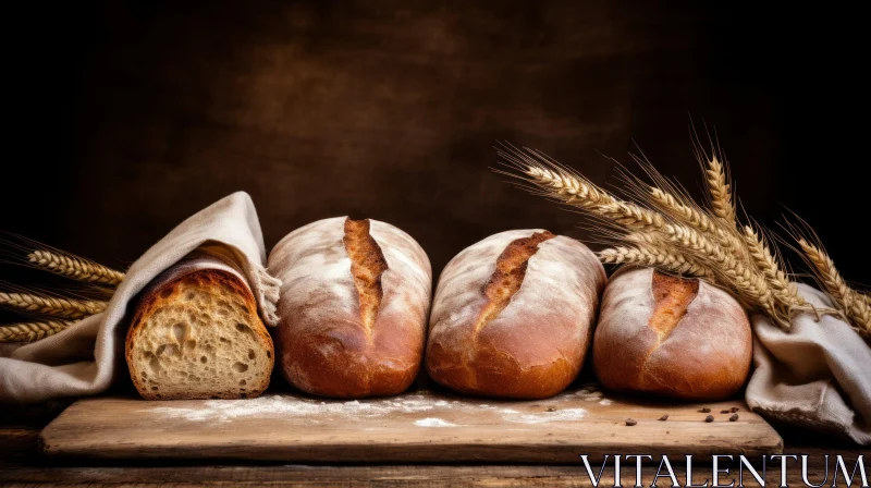 Warm and Inviting Still Life of Four Loaves of Bread on a Wooden Table AI Image