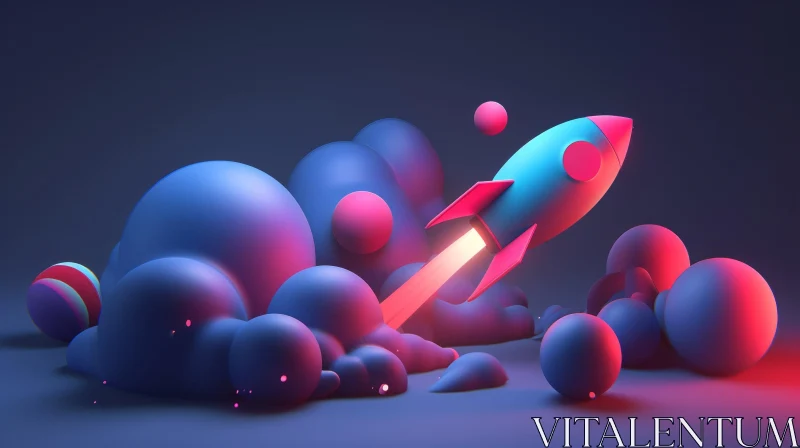 3D Rocket Ship Launching with Pink and Blue Spheres AI Image