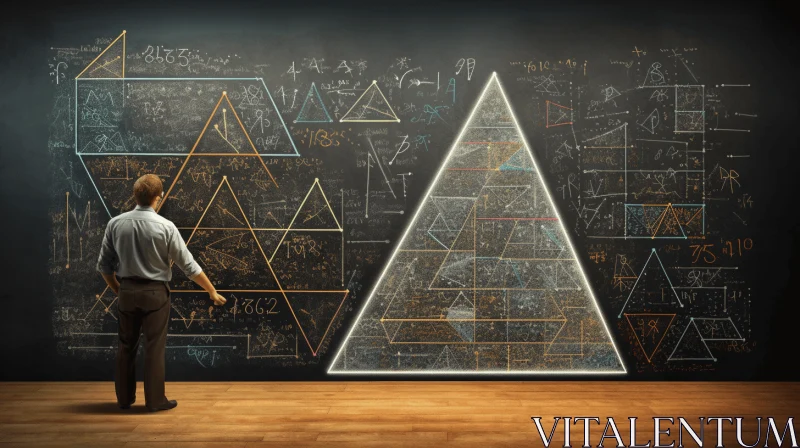 Abstract Geometricity: Man Standing in Front of Blackboard with Pyramids and Formulas AI Image