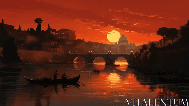 Captivating Sunset: A Romantic Renaissance Chiaroscuro Riverscape AI Image